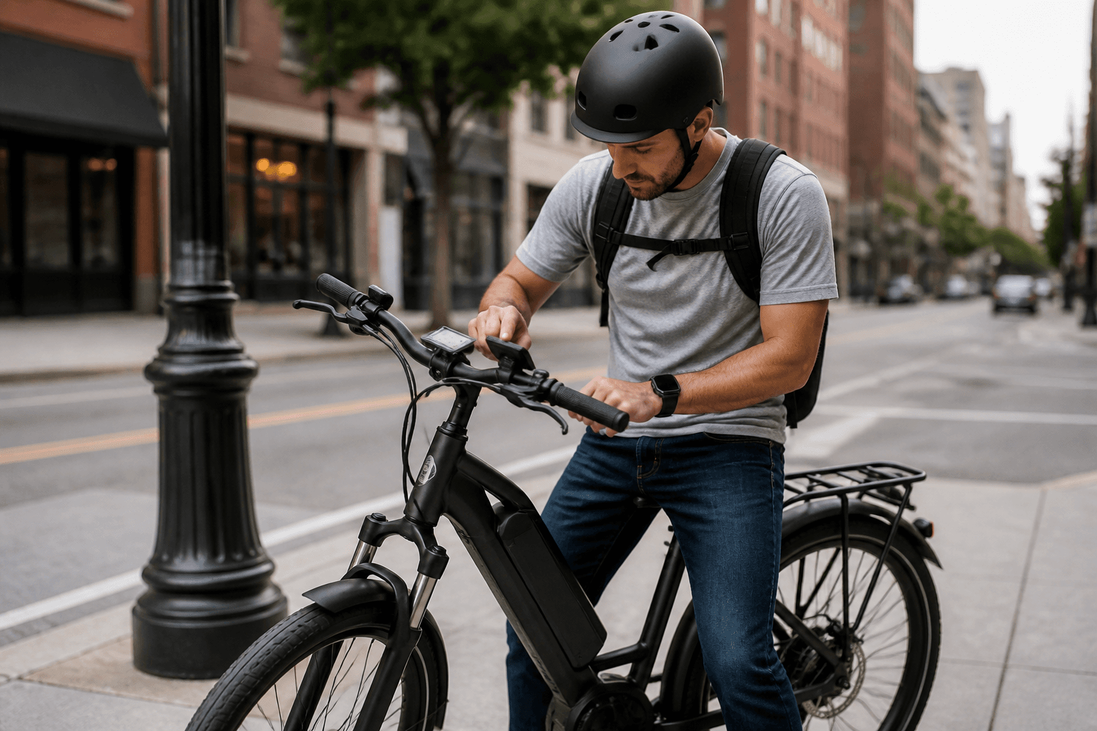 A budget e-bike parked on a city street, with a rider checking the battery display.