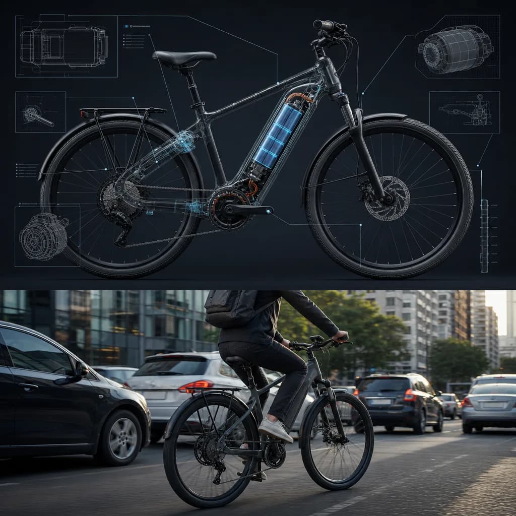 Person riding an e-bike on a city street next to cars