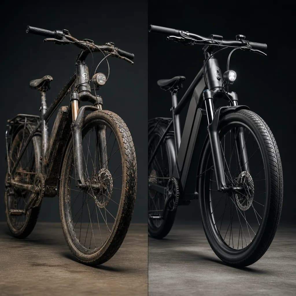 Side-by-side comparison of a cheap and a premium e-bike