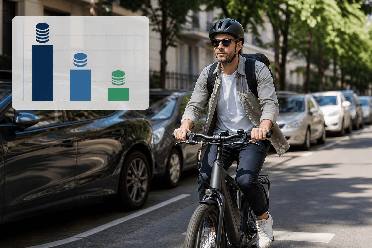 A commuter rides a city e-bike past parked cars on a sunny street, with a cost comparison chart overlay.