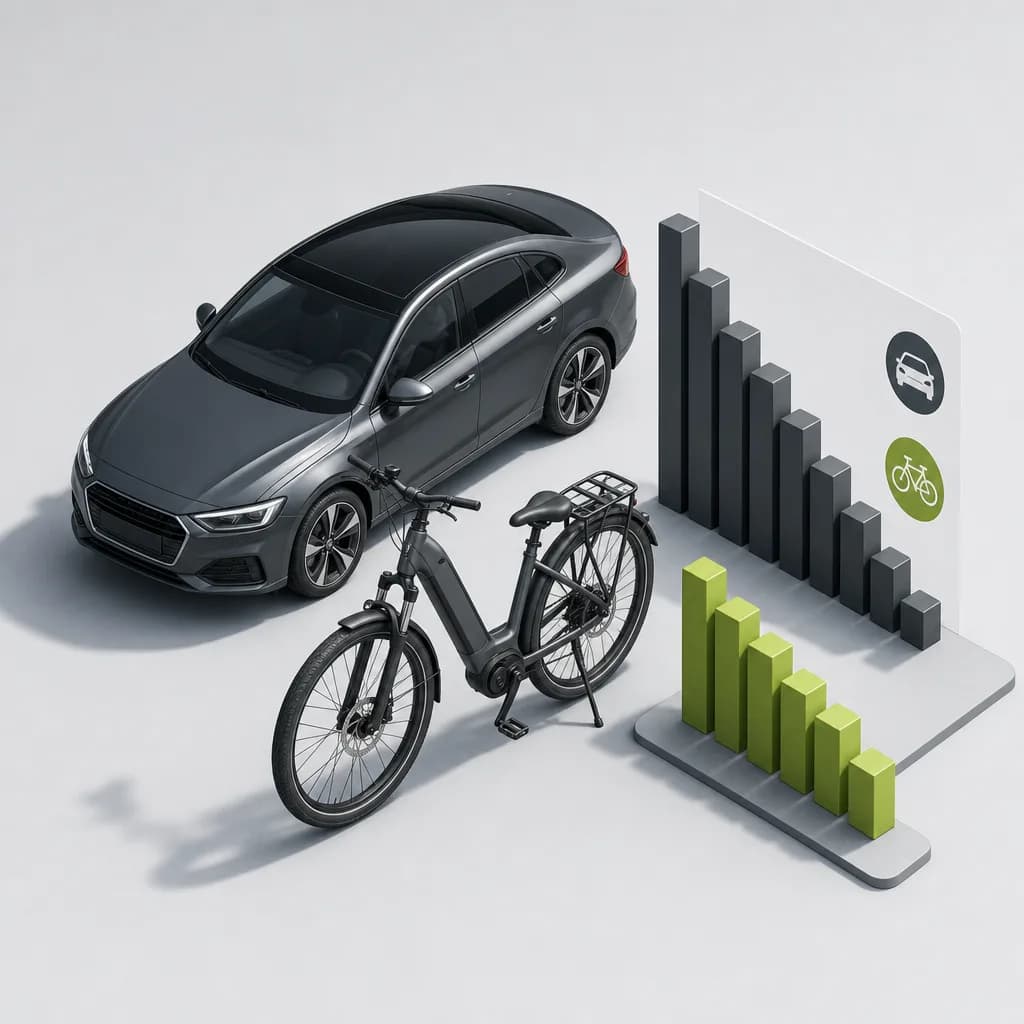 E-bike parked next to a car with a savings comparison chart