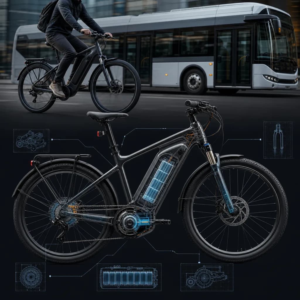 Person riding an e-bike next to a bus