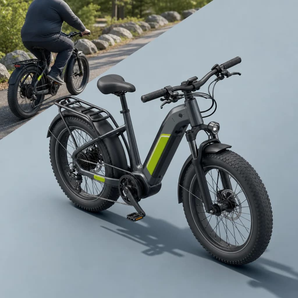 Heavy rider on a sturdy e-bike on a paved trail