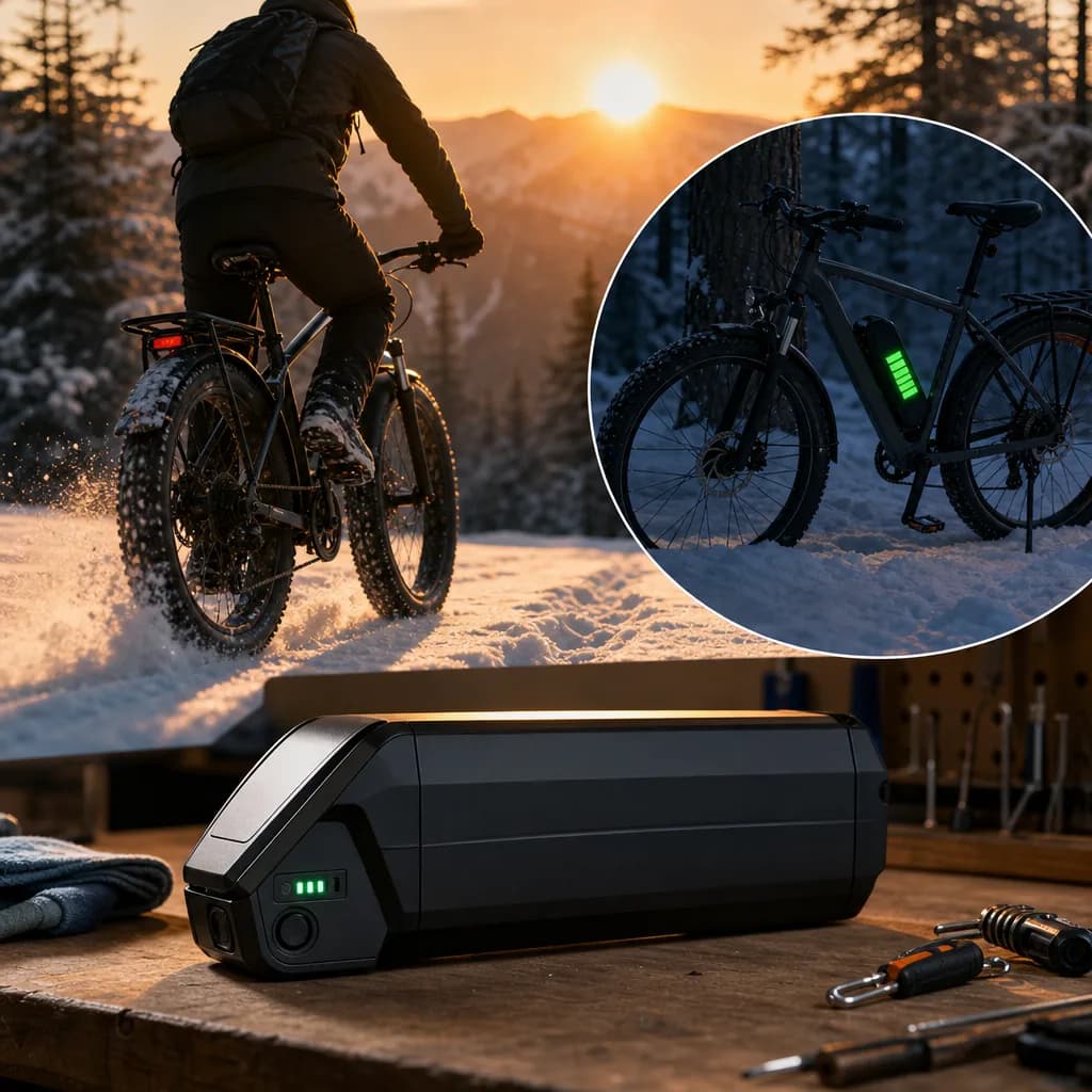 E-bike parked in snow with a glowing battery indicator