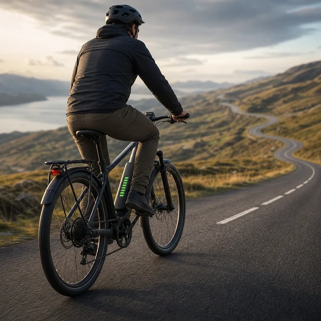 Person riding an e-bike on a scenic road with battery indicator visible