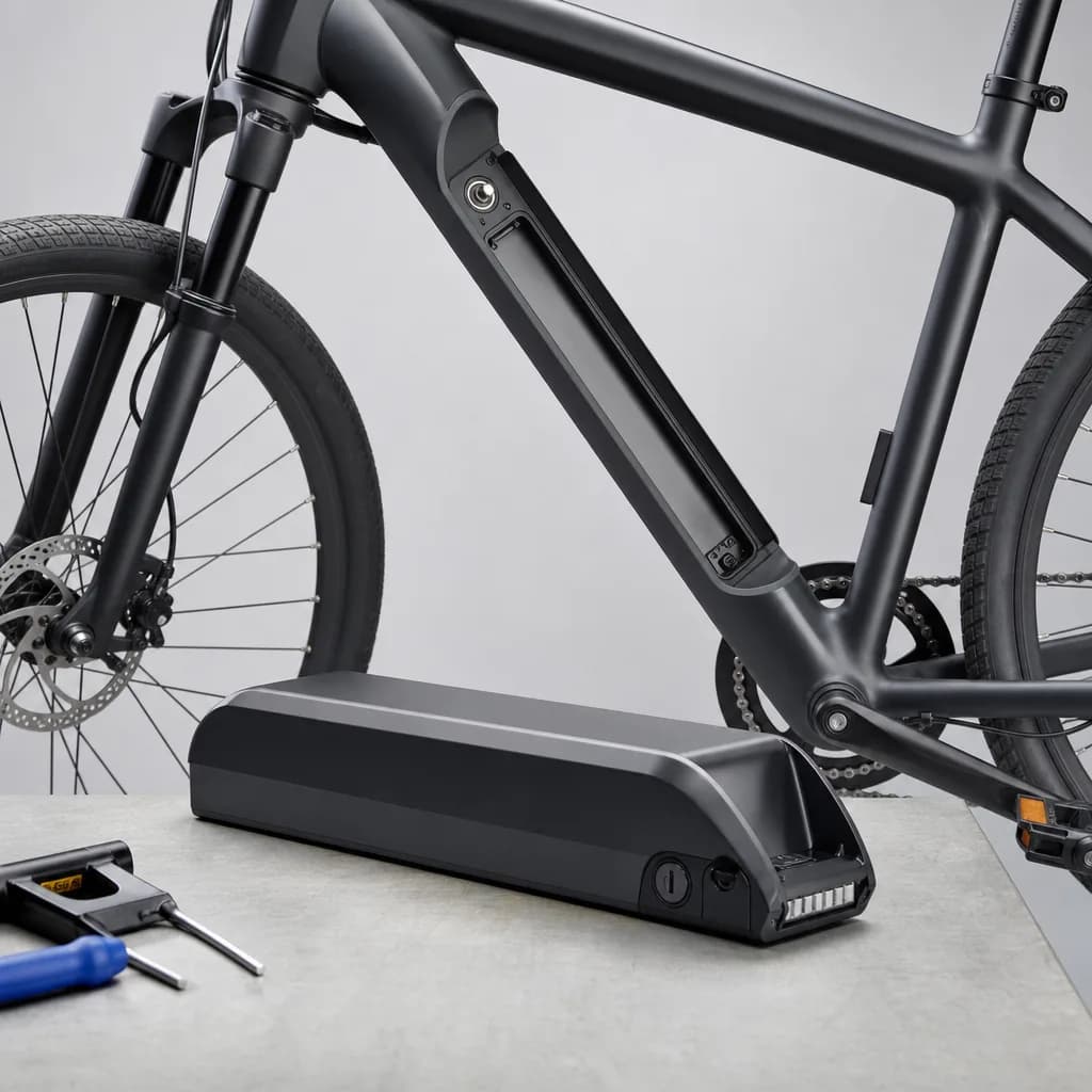 E-bike battery mounted on a bike frame with charging port visible