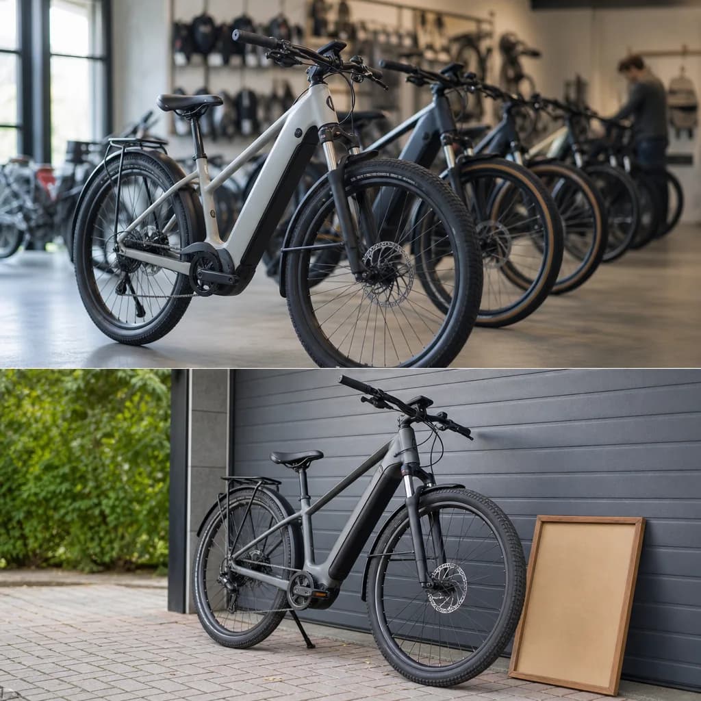 Used e-bike with a ‘for sale’ sign leaning against a garage wall