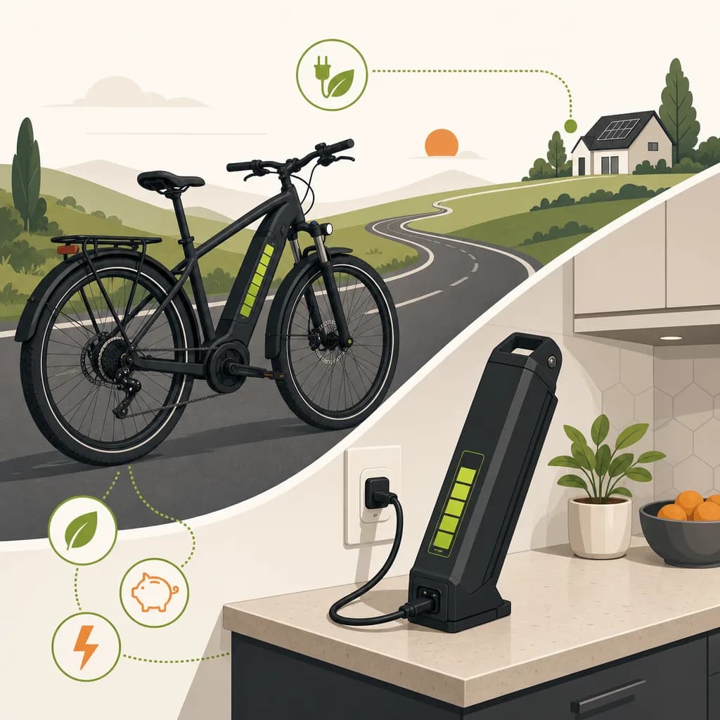 Close-up of an e-bike battery being charged at home on a kitchen counter
