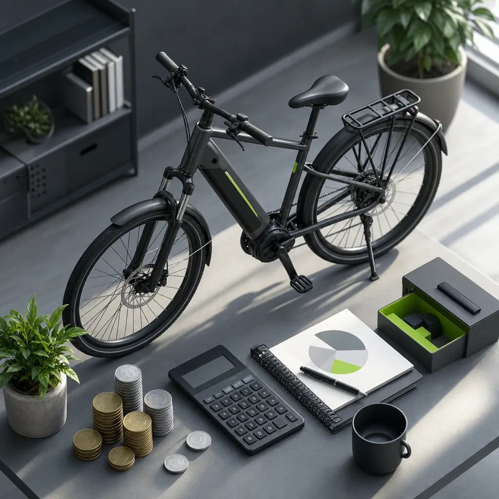 E-bike owner with a calculator showing cost breakdown