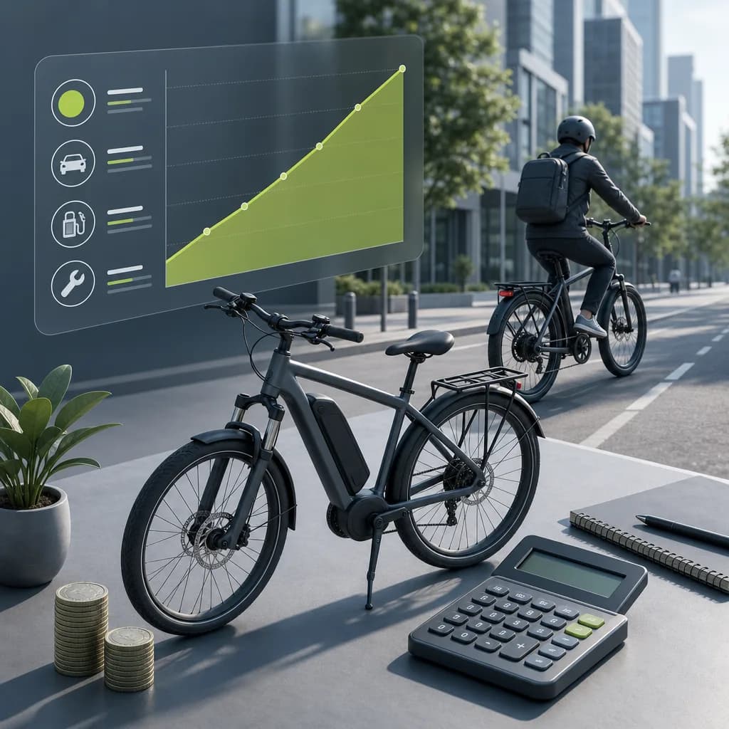 Person riding an e-bike on a city street with savings calculator graph overlay
