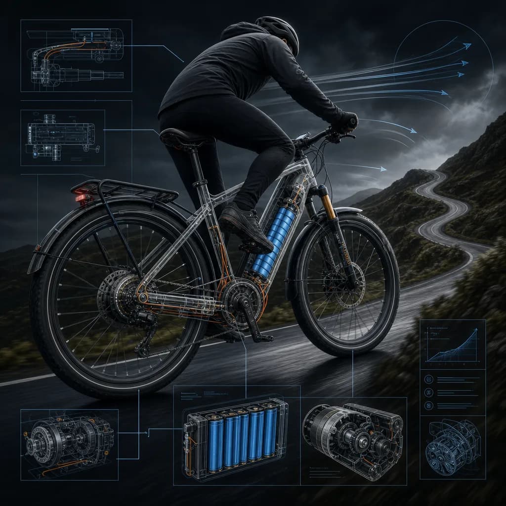 Cyclist riding e-bike uphill against wind