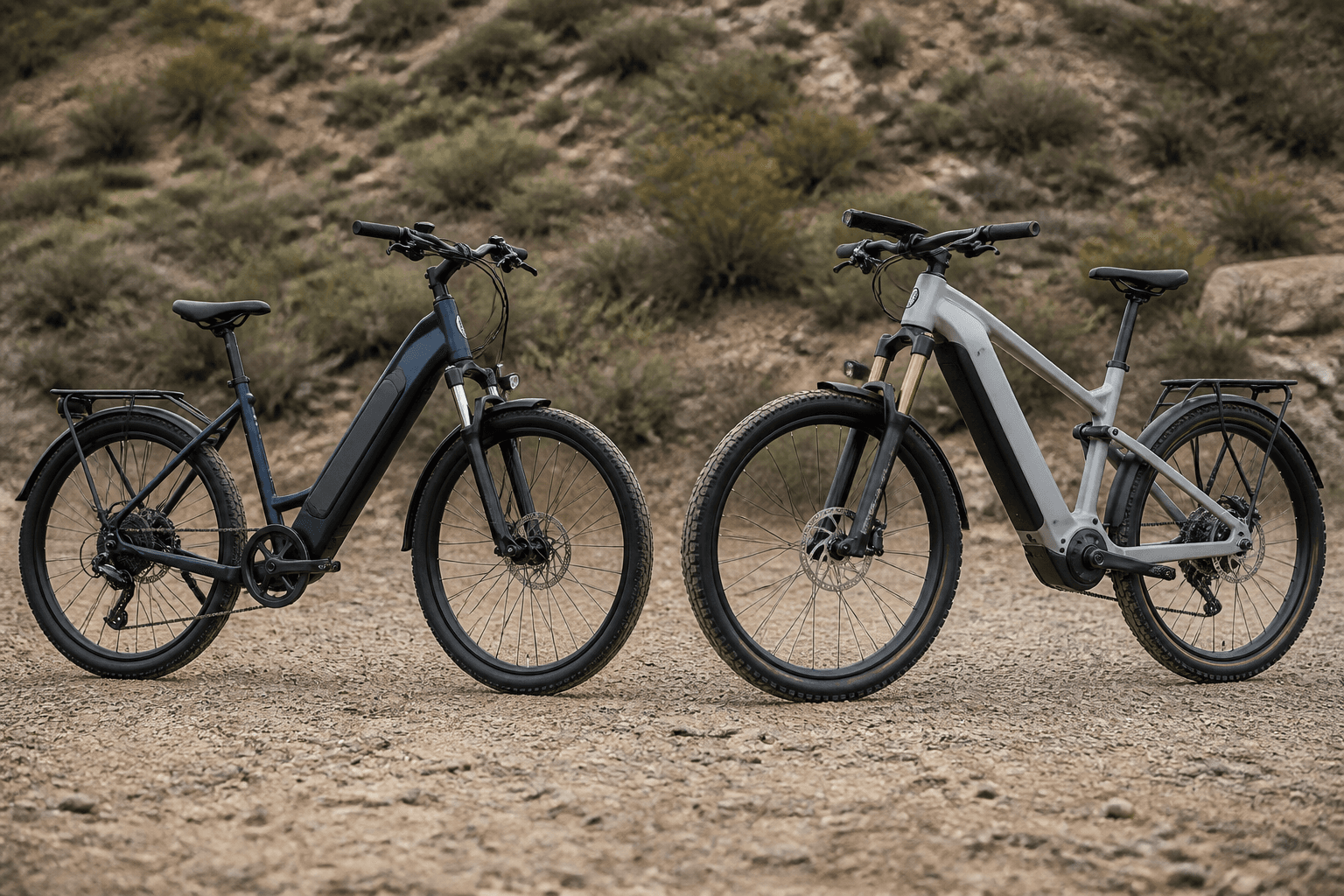 A side-by-side comparison of a budget e-bike and a premium e-bike, showing differences in components and build.