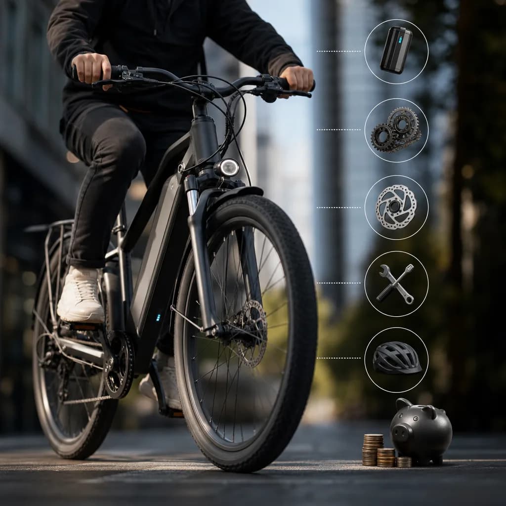 Man riding a £2,000 e-bike on a city street with cost breakdown overlay
