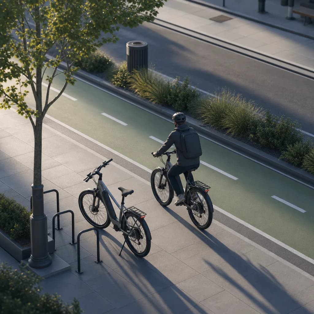 E-bike parked next to a bicycle lane on a sunny morning commute