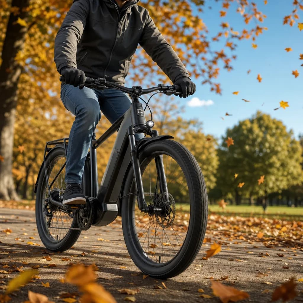 A man riding an e-bike through a park in autumn, with leaves falling and a clear blue sky
