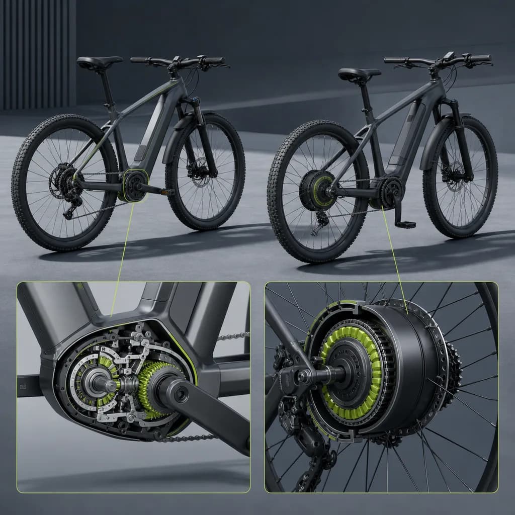 Two e-bikes side by side: one with a mid-drive motor, one with a hub motor