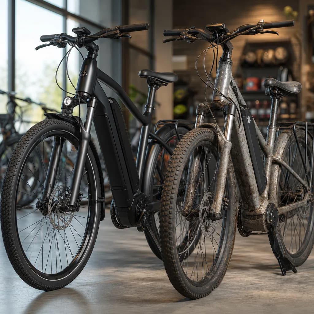 Two e-bikes side by side: a shiny new bike and a well-used second-hand model