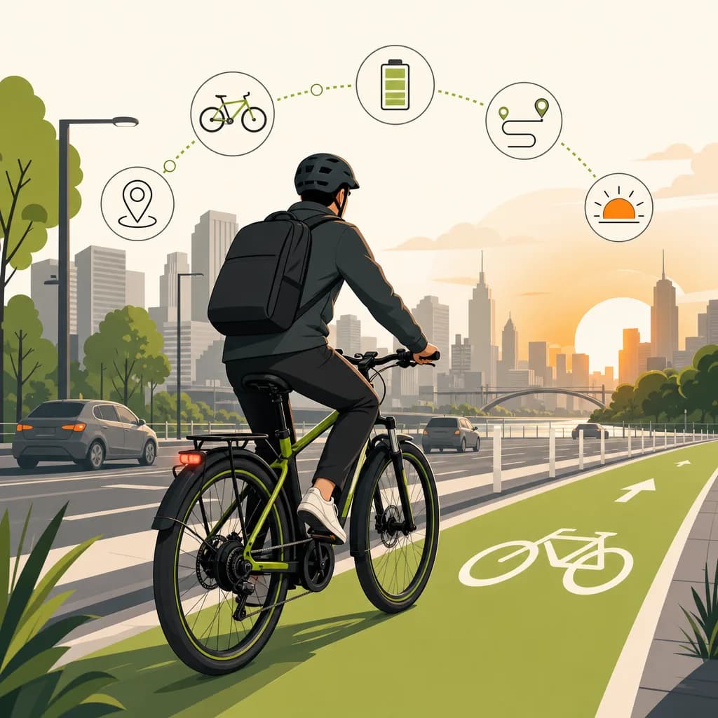 Commuter riding an e-bike on a bike lane during sunset