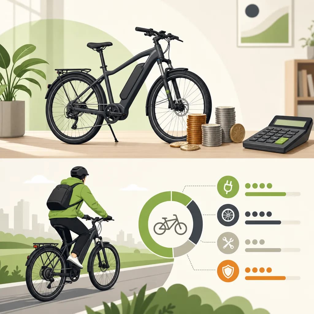 Person riding an e-bike with a cost per mile breakdown overlay