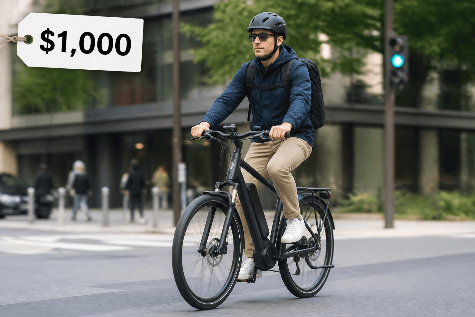 A person riding a commuter e-bike on a city street, with a price tag overlay showing $1,000.