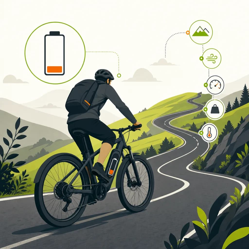 Person riding an e-bike on a hilly road with a battery indicator showing low charge