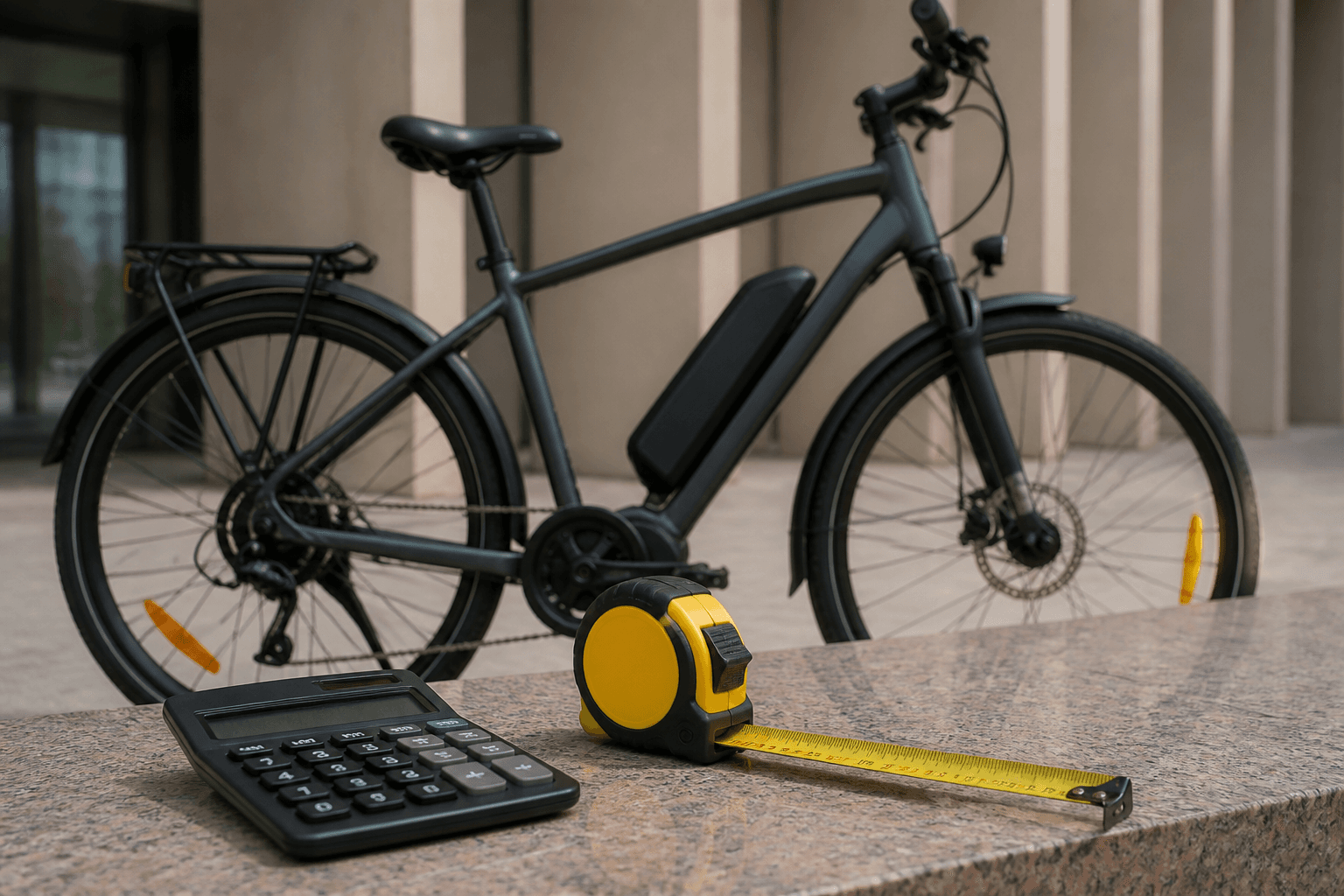 A commuter e-bike parked next to a measuring tape and a calculator, symbolizing cost per real kilometre.