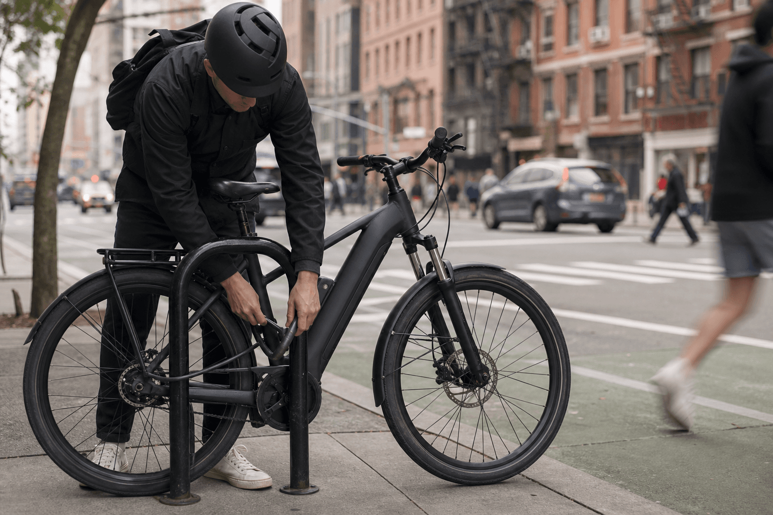 A person locking a mid-drive e-bike to a street rack with a heavy U-lock and a cable, in a busy city setting.