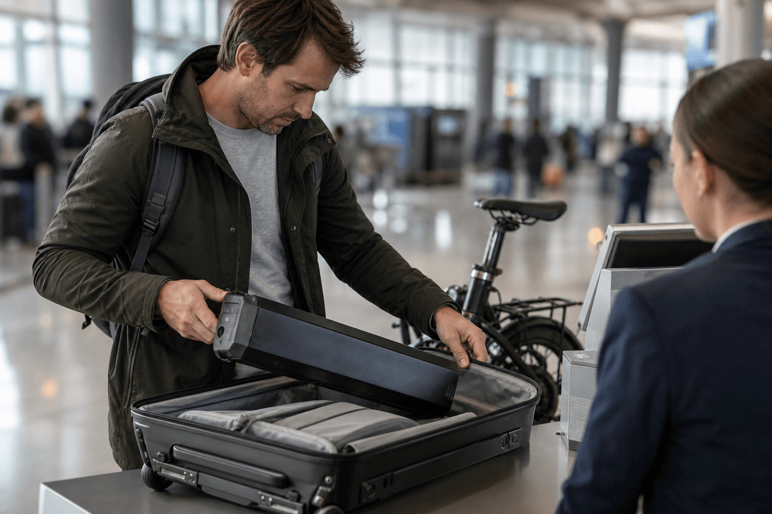 A traveler lifting an e-bike battery pack from a suitcase at an airport check-in counter.
