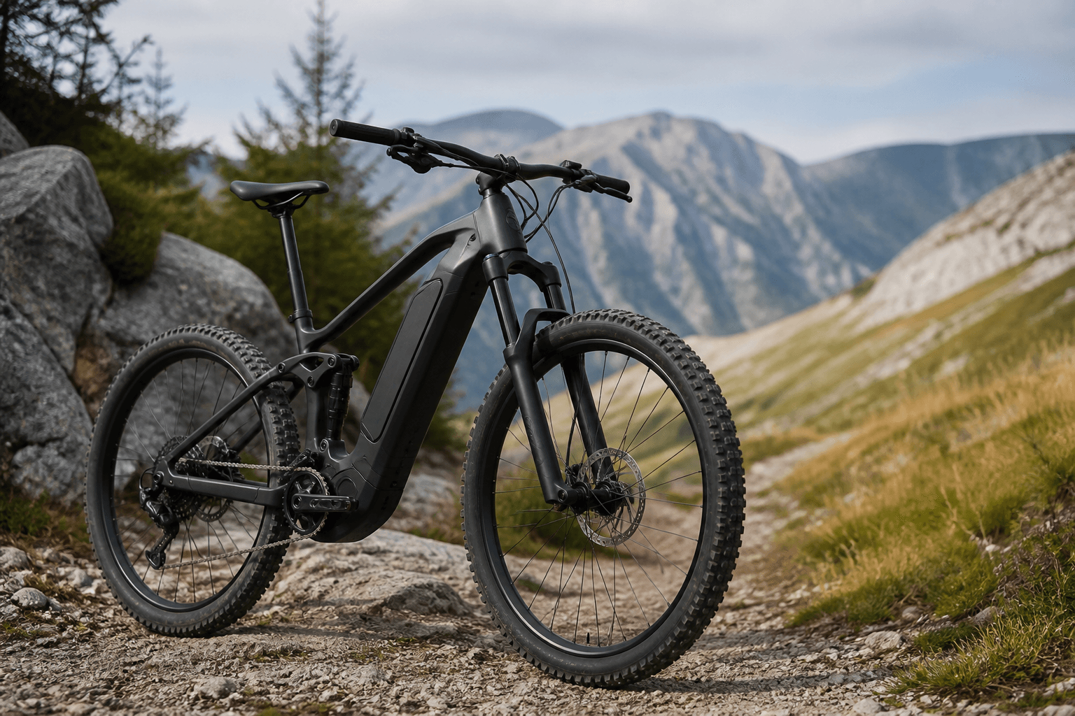 A premium e-bike with a large battery and powerful motor on a scenic trail, highlighting its robust build.