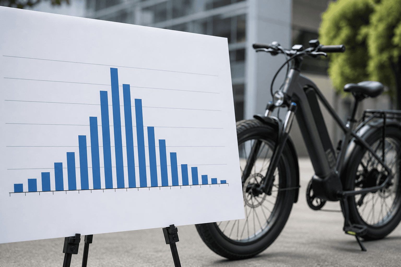 An electric bike on an open road at the point where its battery indicator has dropped to half