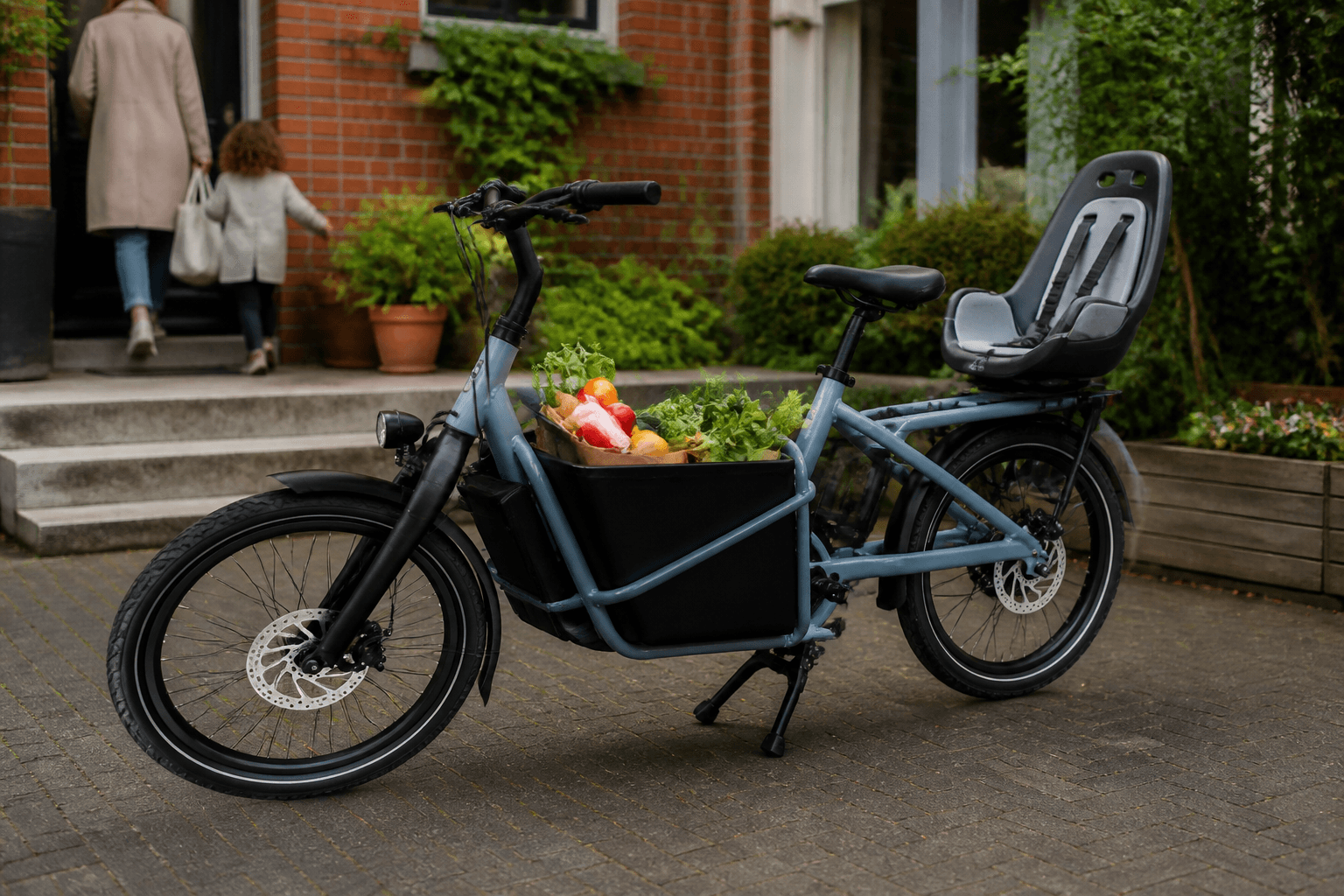 A cargo e-bike loaded with groceries and a child seat parked in front of a house