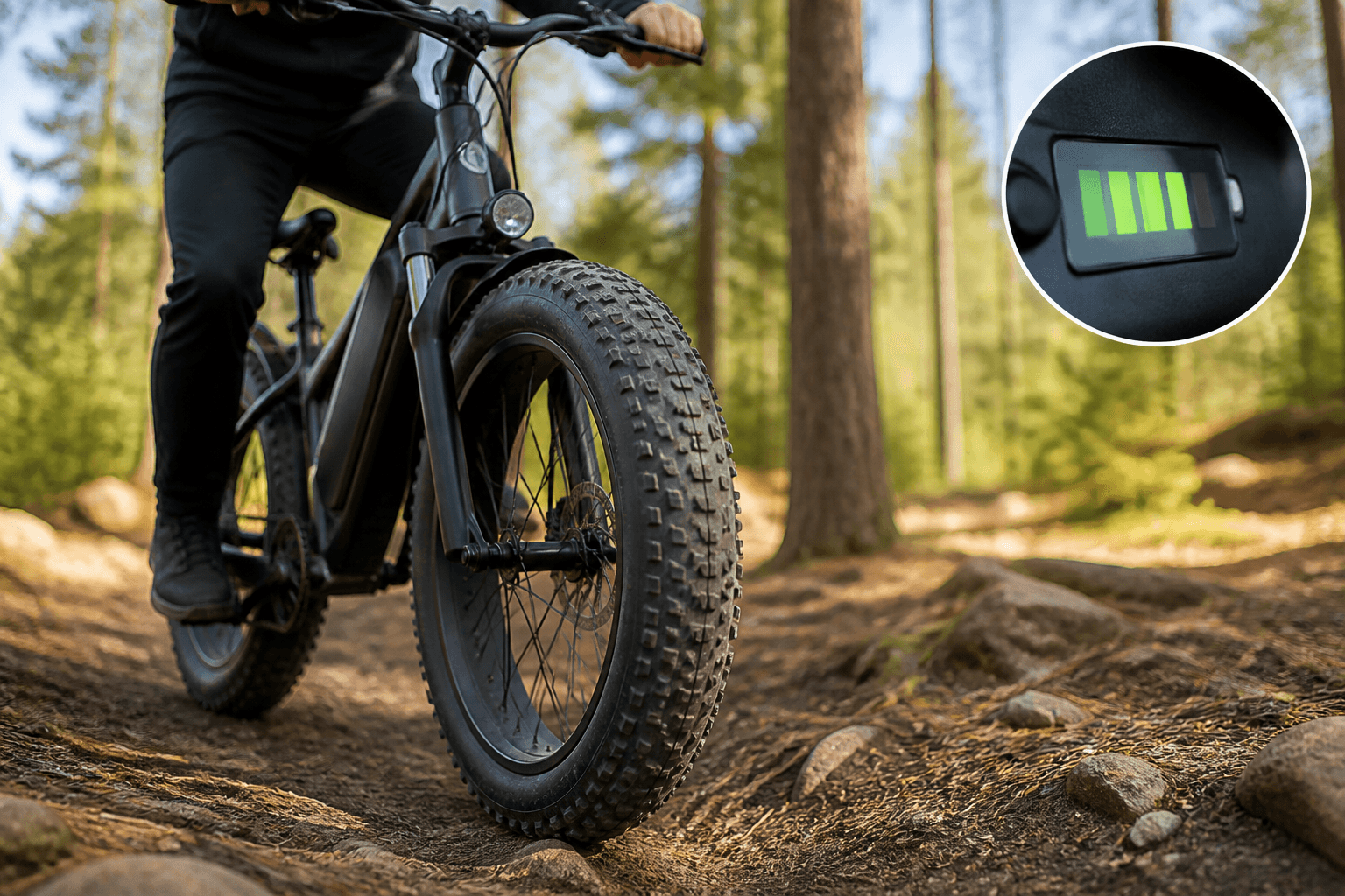 A fat tyre e-bike on a dirt trail, with a close-up of the wide knobby tyre and a battery gauge in the corner.