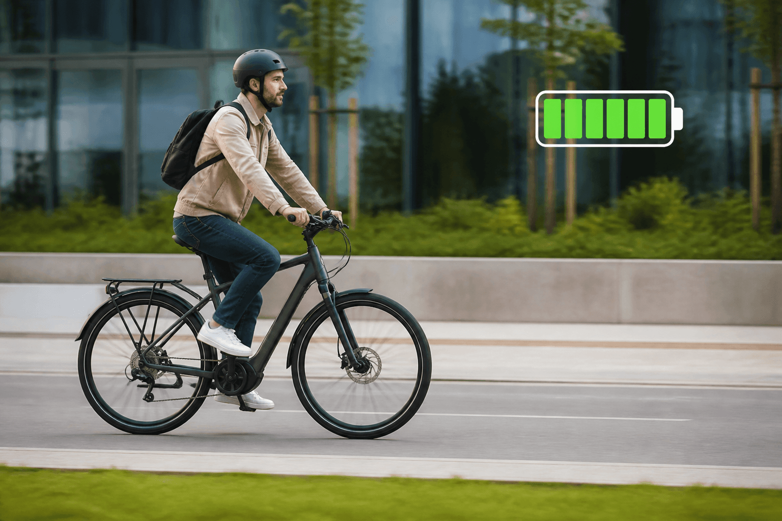 A commuter riding an e-bike on a flat road with a battery indicator showing full charge.